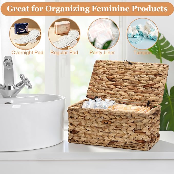 Sumnacon Woven Tampon Holder for Bathroom, Wicker Water Hyacinth Feminine Product Organizer with Lid, Farmhouse Rustic Tampon and Pad Organizer, Woven Storage Baskets Bin for Counter Toilet Tank