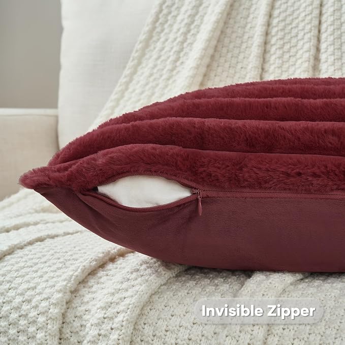 FUTEI Pack of 2 Faux Fur Throw Pillow Covers 18x18 Inch, Burgundy | Fluffy Faux Rabbit Fur Front/Premium Velvet Back,Hidden Zipper,Machine Washable,Non-Shedding,Colorfast,Insert Not Included.