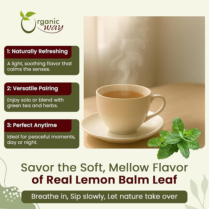 Organic Way Lemon Balm Leaf Whole (Melissa officinalis) - Herbal Tea | Organic & Kosher Certified | Vegan | Raw, Non GMO & Gluten Free | USDA Certified | Origin - Albania (1/2LBS / 8Oz)