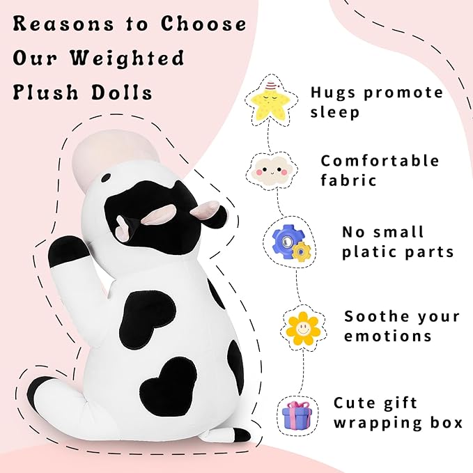 Cow Weighted Plush, 24" 4.2 lbs Weighted Stuffed Animals, Cute Cow Plush Toy Pillow Gifts for Kids and Adults