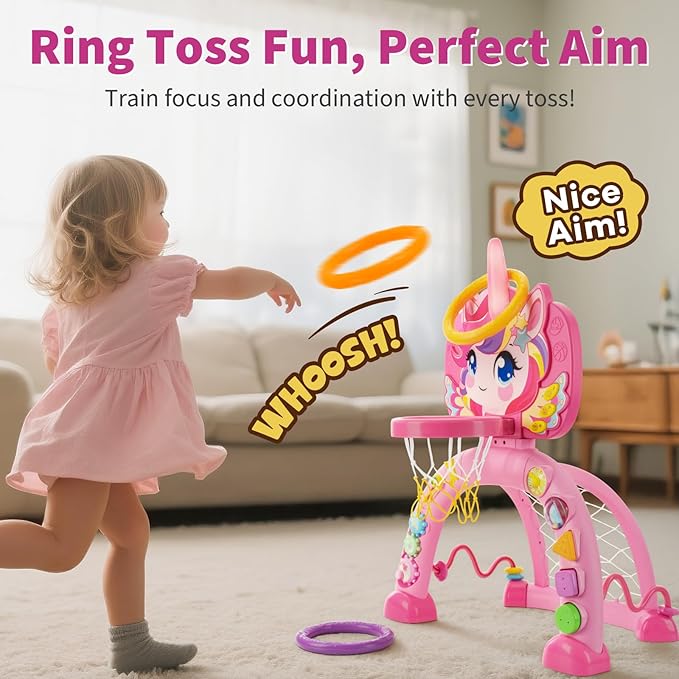 Toddler Basketball Hoop & Soccer Goal: Activity Center with Ring Toss – Unicorn Sports Play Set | Toys for Baby Toddlers 12-18 Months & Boys Girls Ages 1-3 | Indoor Outdoor Birthday