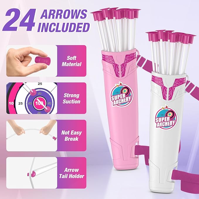2 Pack Bow and Arrow for Kids 4-6, LED Light Up Archery Set with 24 Suction Cup Arrows, 1 Standing Target, 6 Score Targets & 2 Quiver, Indoor Outdoor Sport for Girls Ages 8-12