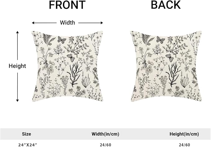 AEIOAE Spring Pillow Covers 24x24 Inch Set of 2,Black Gray Wild Flower Plant Throw Pillows Case,Seasonal Floral Outdoor Decorative Square Linen Farmhouse Decor Cushion Covers for Home Sofa Bed Couch
