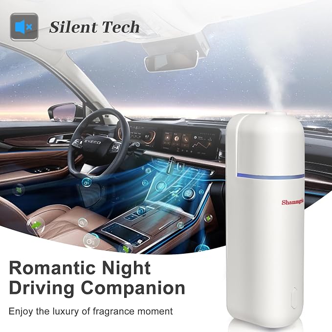 Car Diffuser, Motion Sensor Waterless Essential Oil Diffuser for Car USB Rechargeable with 6 Refill Scents（Hilton/Sandwood/WhiteTea/Diamond/GreenBamboo/Pachuli