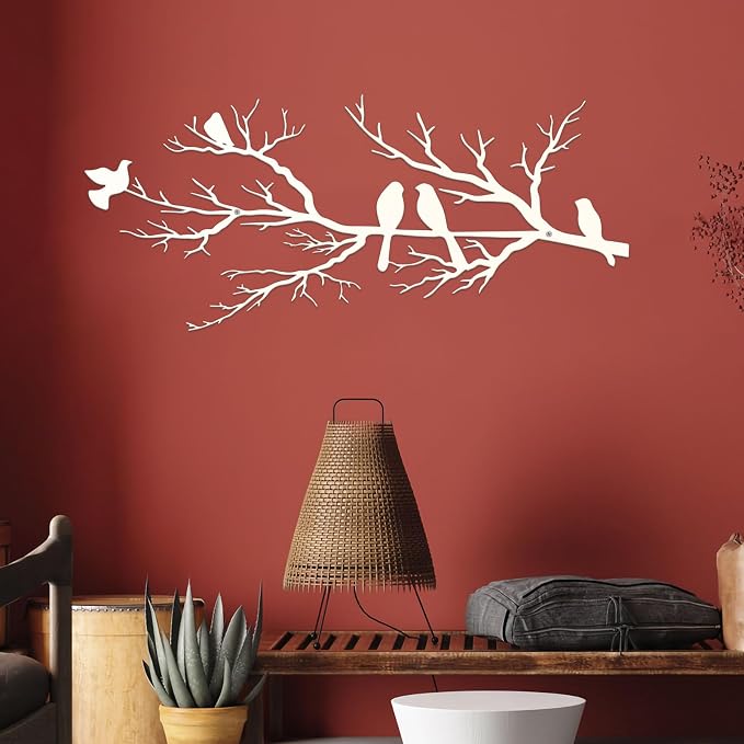ESTART Metal Birds Wall Art, Metal Vivid Birds on Branch Silhouette Wall Decor White Leaves with Bird Outdoor Hanging Wall Sculpture for Home Living room Bedroom Balcony Garden (White, Large)