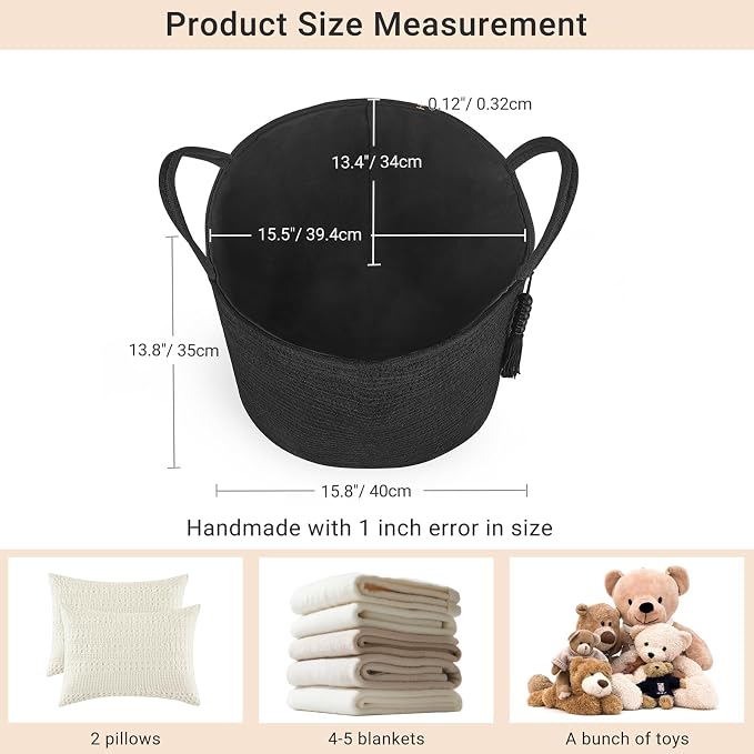 Mkono Woven Storage Basket for Blanket, Toys Plant Organizer, 16"W x 13.8"L | Black, Cotton, Decorative Basket with Handle, Wood Beads Tassel, Shoes Clothes Storage Bin, Living Room Bedroom Nursery