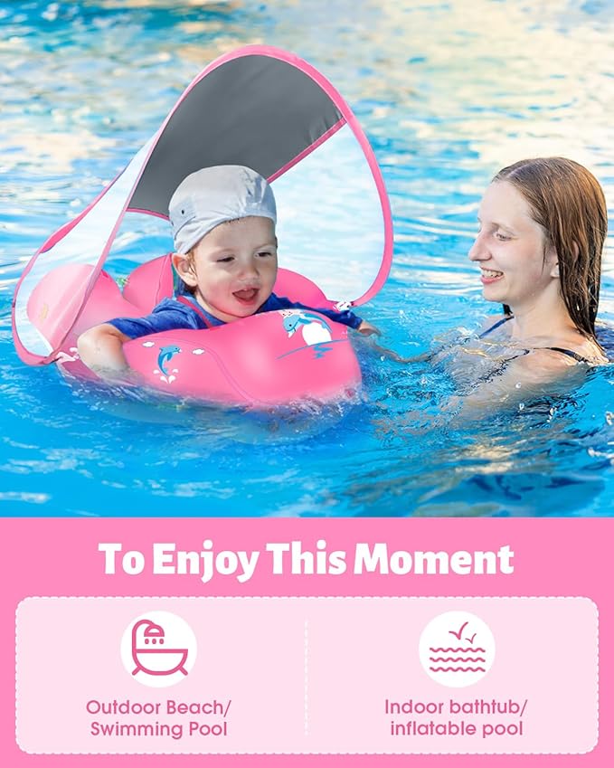 LAYCOL Baby Swimming Float Inflatable Baby Pool Float Ring with Sun Protection Canopy,add Tail no flip Over for Age of 3-36 Months