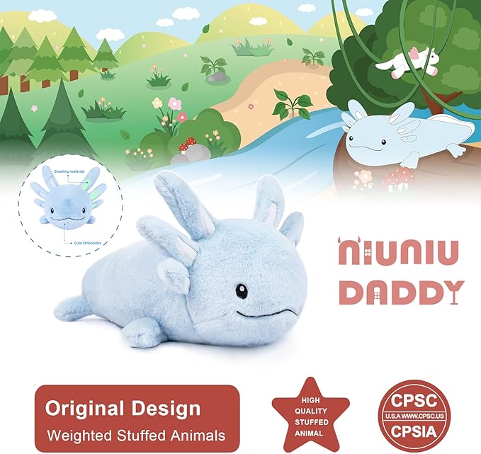 Niuniu Daddy 18" | 2.8 Pound Blue Axolotl Weighted Stuffed Animals for Kids Adults Girls, Giant Cute Axolotl Stuffy Plush Toy with Glowing Ears in The Dark, Kawaii Gifts for Holidays Christmas