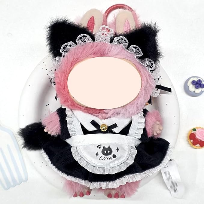 Maid Dress for Labubu, Cute Plush Cat Ears & Tail & Dress & Apron, 4pcs Kawaii Clothes Accessories Set for 17cm Doll, Halloween Cosplay Costume Dress-up Outfits (No Doll Included) (StyleA Cat Maid)