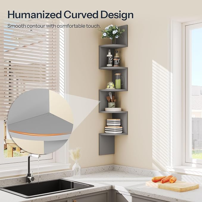 HOOBRO Corner Shelf Wall-Mounted, Set of 2 Floating Corner Shelves for Wall, 5-Tier Bookshelves for Wall Decor in Living Room, Bedroom, Home Office, Dove Gray GY26BJP201