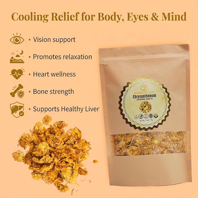 Cure Wid Pure | Top Grade Dried Chrysanthemum Flowers 4oz | Hand-Picked & Sun-Dried Organic Chrysanthemum Tea Loose Leaf from Pakistan | Non-GMO Caffeine Free Herbal Tea Supports Immunity & Eye Health
