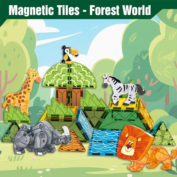 Magnetic Tiles Set Grassland Animals Theme Toys, Magnet Tiles Building Blocks Toys for Kids Ages 3+