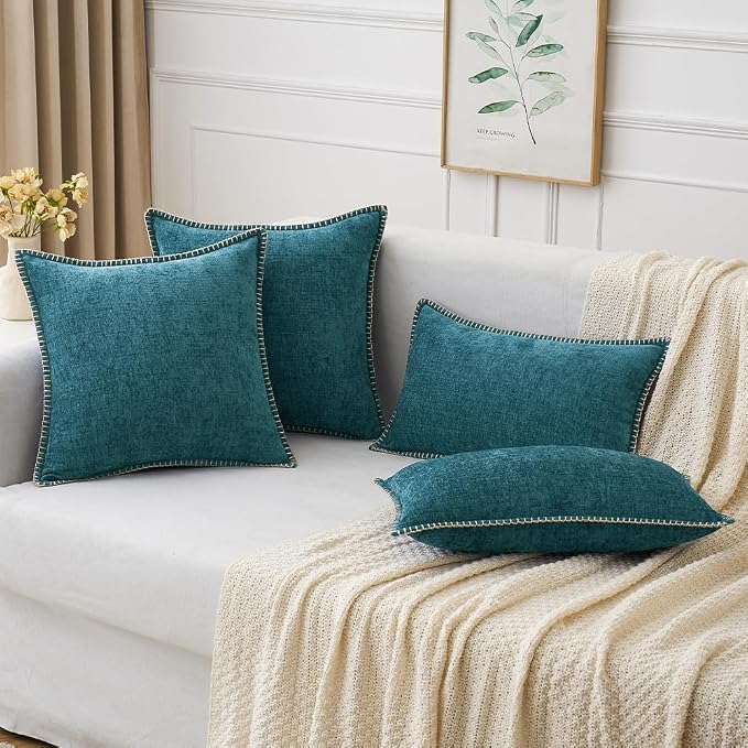 MIULEE Decorative Lumbar Throw Pillow Covers 12x20 Inch Dark Teal 2 Pack | Farmhouse Pillow Covers with Stitched Edge, Soft Chenille Cushion Cases, for Couch Sofa Bed Living Room Home Decor
