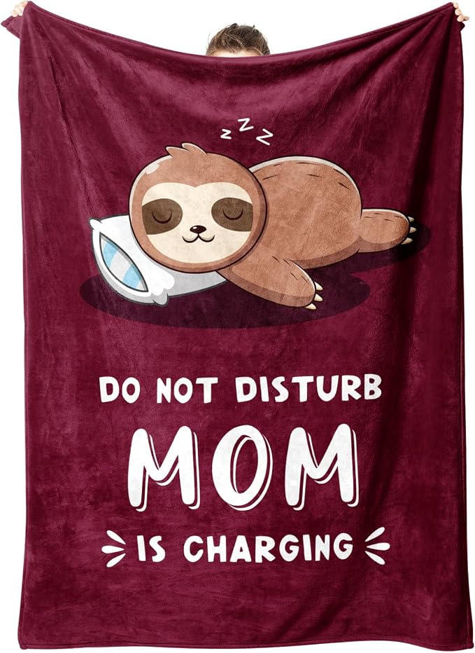 Leebbsin Funny Gifts for Mom, Birthday Gifts for Mom from Daughter Son | Mom is Charging Sloth Blanket, 60" x 50", Burgundy, Mom Gift for Christmas Mothers Day, Soft Sloth Throws Blanket for Mother