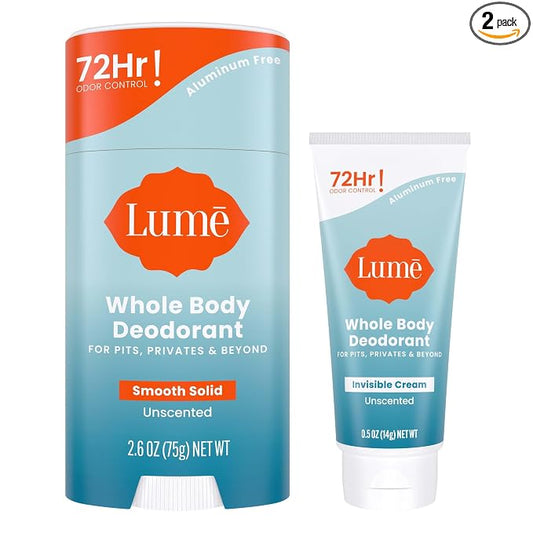 Lume Whole Body Deodorant - Invisible Cream Tube Mini + Solid Stick Bundle - 72 Hour Odor Control - Aluminum & Baking Soda Free, Skin Loving (Unscented)