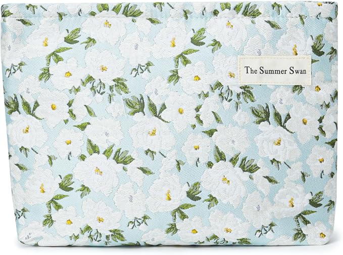 The Summer Swan Large Aesthetic Makeup Bag | Floral Makeup Bag | Mid-Day Clutch | Period Kit Bag | Hygiene Bag | Skincare Bag (White Jasmine)