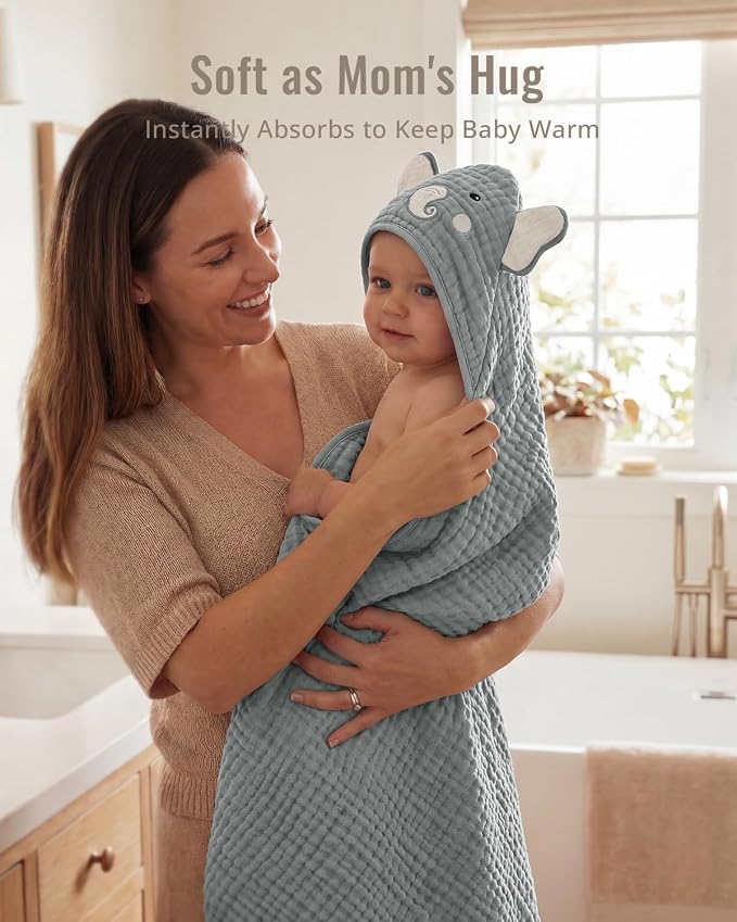 Blissful Diary Muslin Baby Hooded Towel 2 Pack, Soft & Absorbent Bath Towel for Infant, Toddler, Unisex, Baby Gift, Newborn Essentials, Wise Elephant & Sweet Bunny