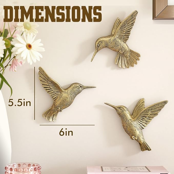 GUSFREUD 3D Hummingbird Wall Decor Set - Brass Resin Bird Wall Decor for Living Room, Bedroom and Gallery Walls - Vintage Gold - Set of 3