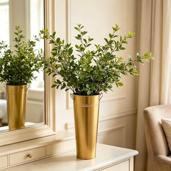 Hosley Set of 2 Gold Metal French Bucket with Handles & PVC Liner, 6" Dia x 15" H for Weddings, Parties, Country Picnics, Floral Arrangements, Tableware Storage, or Gardens - Rustic Farmhouse Décor