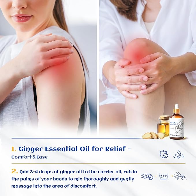 HIQILI Ginger Essential Oil 3.38 Fl Oz, for Massage, Diffuser, Large Bottle with Dropper & Gift Box -100ml | With 10ml Travel Bottle, Creates a Cozy, Soothing Space, Warming Sensation for Body & Joint Comfort - 100ml / 3.38 fl oz