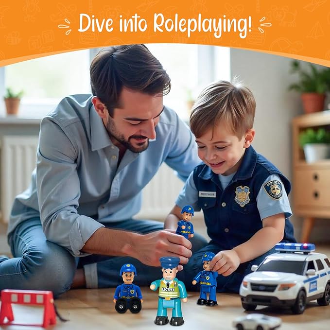 FUNERICA Police Officer Toy Figures- 4 Detailed Policeman & Police Chief - Imaginative Play Action Figures for Toddlers & Kids Roleplay - Little People Figurines - Mini Community Helpers