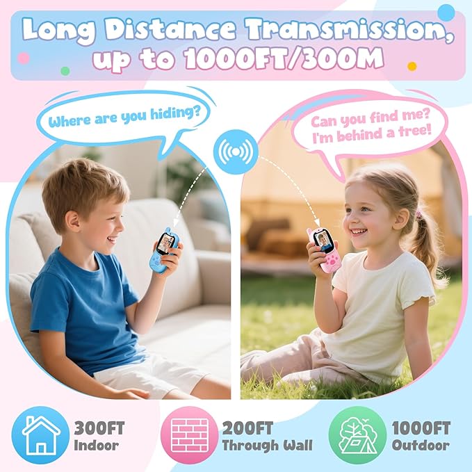 Video Walkie Talkies for Kids, Facetime Walkie Talkies Toys for Age 3-12 Boys Girls, HD Camera & Voice Changer 1000FT Long Range Recharge Kids Valentines Easter Gifts Indoor Outdoor Camp (Blue+Pink)
