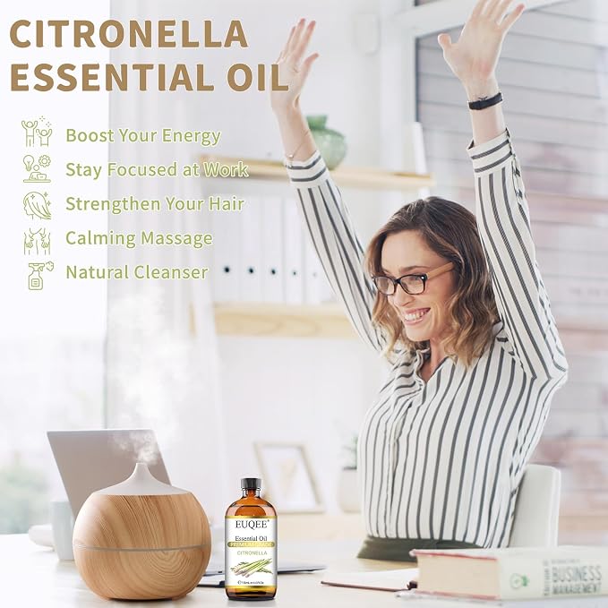 EUQEE Citronella Essential Oil, 118ml Large Gift Box Pure Citronella Oil with Glass Dropper for Candle Making, Diffuser, Humidifier - 4 fl oz.