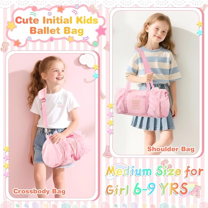 Personalized Initial Dance Bag for Girls 6-9, Medium Lace Gym Sport Yoga Cheer Dance Bags Gift for Teen Girls, Cute Letter Kids Ballet Bag Toddler Travel Duffel Tote with Adjustable Straps(Pink-H)