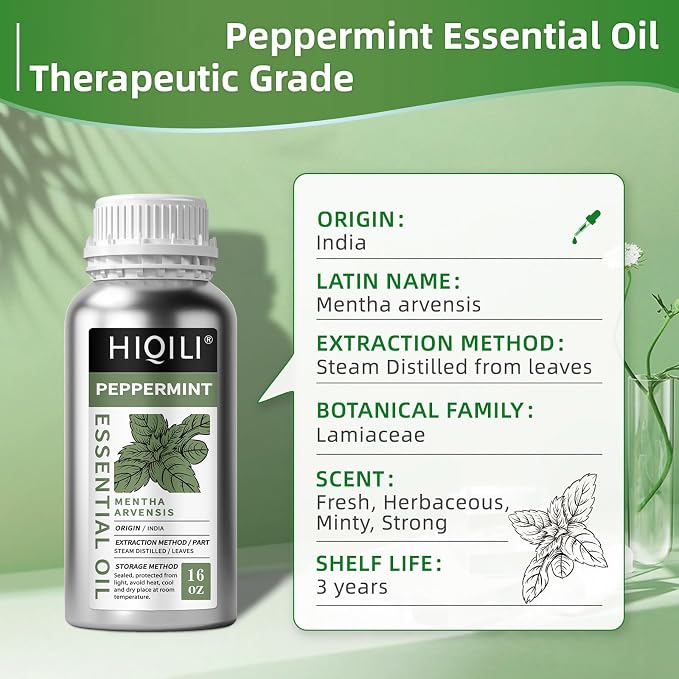 HIQILI Peppermint Essential Oil for Freshening Air, Hair Care | Aromatic Oil for DIY Soap, SPA & Home Use, Removes Odors - 500ml / 16.9 fl oz