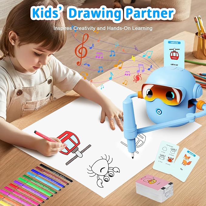 Smart Drawing Robot for Kids with 100 Cards & 12 Color Pens, Voice Interactive Educational Painting Machine, Montessori Learning Robot Toy, Fun Birthday & Holiday Present for Boys and Girls Ages 4-12