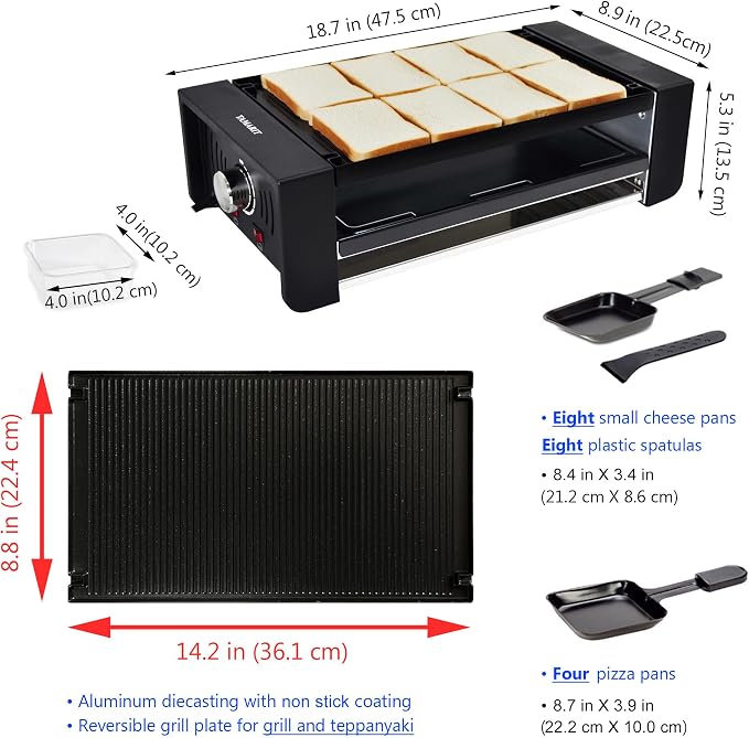 TAMARIT Raclette Party Grill, Indoor Electric Table Grill | Raclette Maker, Cast Aluminum Grill Plate, 8 Cheese Trays, 4 Pizza Pans, Dual Heater, for Family Gatherings and BBQ Parties