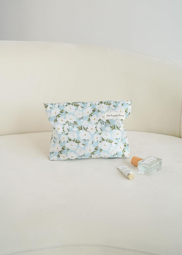 The Summer Swan Large Aesthetic Makeup Bag | Floral Makeup Bag | Mid-Day Clutch | Period Kit Bag | Hygiene Bag | Skincare Bag (White Jasmine)