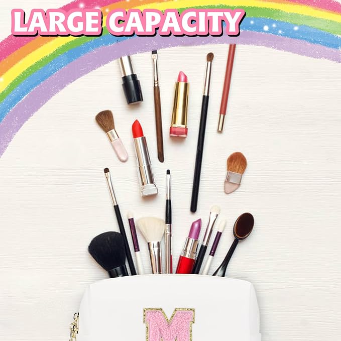 Initial Makeup Bag, Personalized Preppy Letter Monogram Cosmetic Bag | Waterproof PU Material, Compact Size, Large Capacity 7.09 x 2.95 x 3.94 in, Surprise Gift for Daughters and Teens