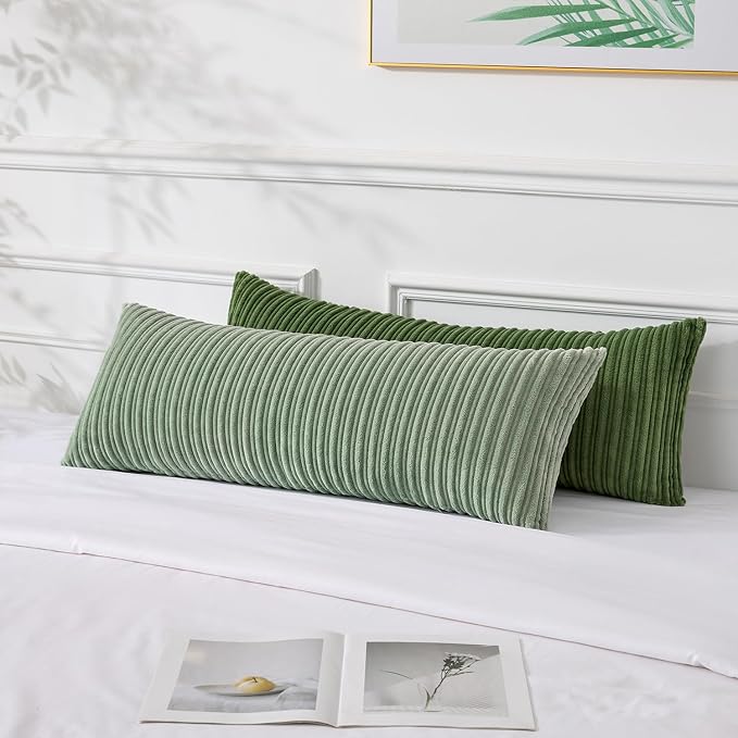 UGASA 14x36 Inch Pillow Cover Pack of 1 Soft Boho Stripe Corduroy Large Long Rectangular Lumbar Cushion Cover Farmhouse Decorative Throw Pillowcase for Bed Couch Sofa Bedroom Living Room Sage Green