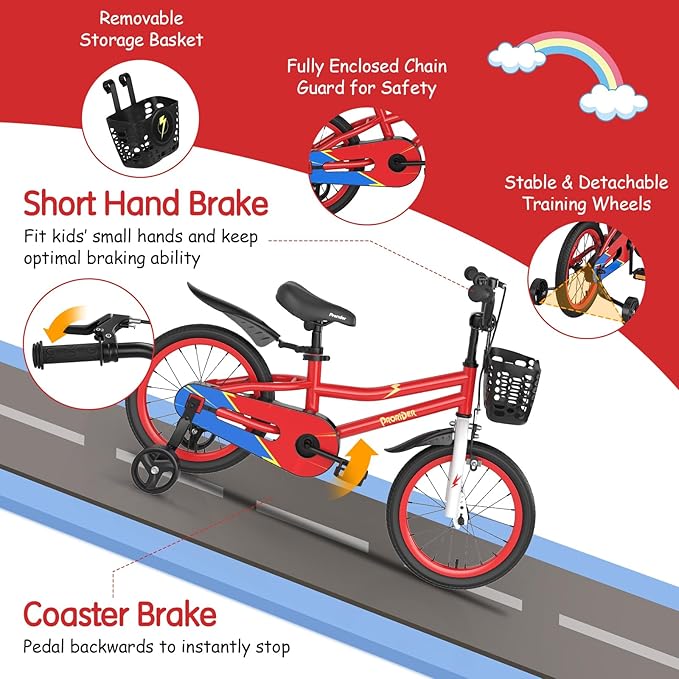 COSTWAY Kids Bike, 12 14 16 18 Inch Toddler Bike for Boys & Girls Aged 3-8 Years Old, Kids Bicycle w/Removable Training Wheels, Handbrake & Coaster Brake, Basket, Bell