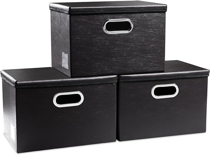 Collapsible Storage Bins with Lids [3-Pack] Leather Fabric Foldable Storage Boxes Organizer Containers Baskets Cube with Cover for Bedroom Closet Office Nursery Black (14.9x10.8x10)