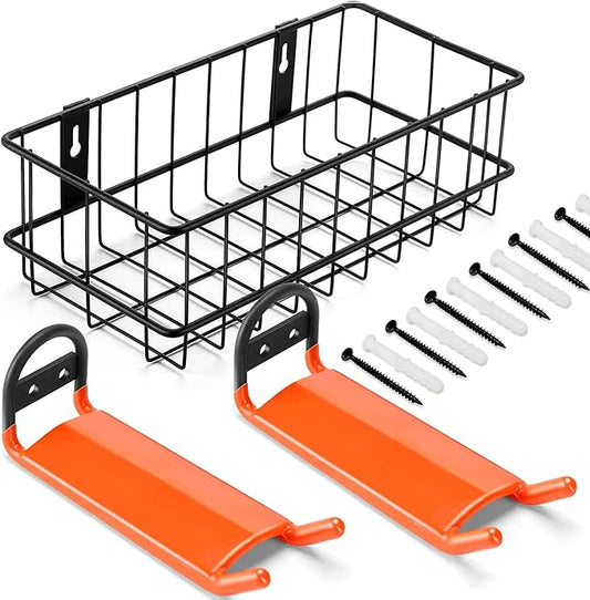 AHOWPD Cornhole Boards Hanger, 2 PCS Hooks Hanging Cornhole Boards, Cornhole Accessories Wall Mount, Cornhole Board Games Holder Storage, One Basket Organize Cornhole Bags
