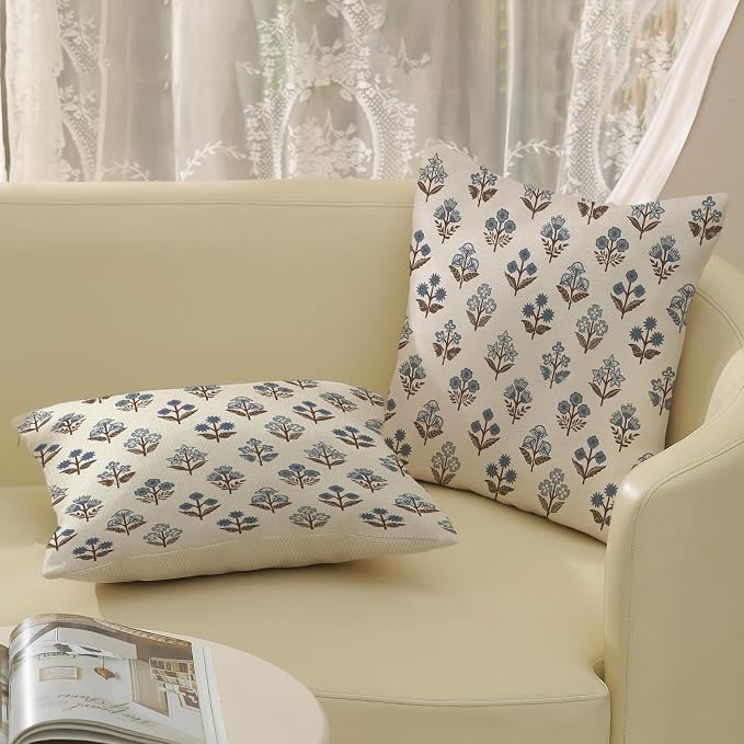 Brown Blue Pillow Covers 18x18 Set of 2 Boho Block Print Floral Pillow Cases Vintage Flower Pattern Decorative Throw Pillows Linen Outdoor Decor Farmhouse Cushion Cover for Couch Sofa Bed