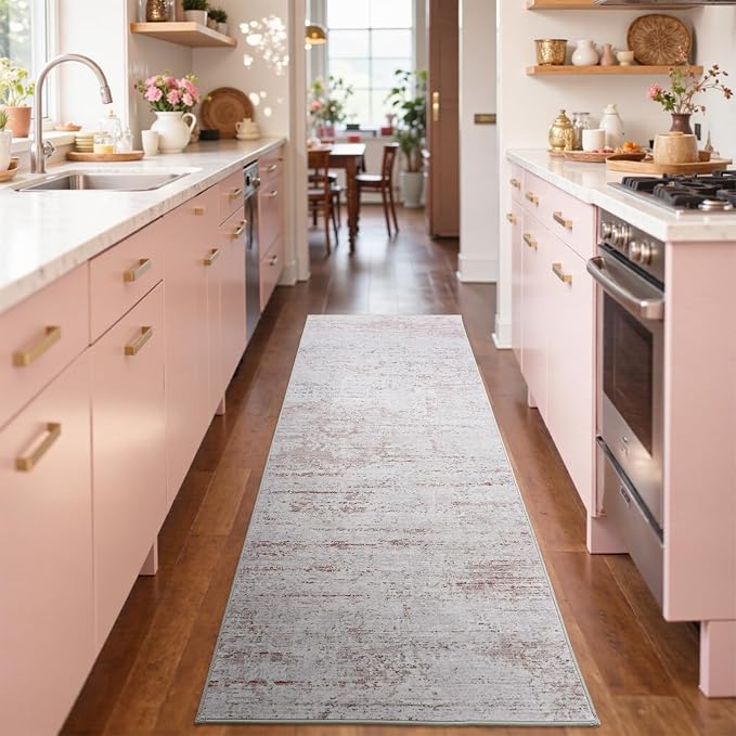 2x6 Ft Washable Runner Rug, Non-Slip Low Pile Hallway Kitchen Area Rug, Soft Abstract Long Entryway Floor Mat Print Pattern Carpet for Bedside & High-Traffic Areas (Pink)