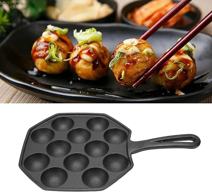 HERCHR 12 Grid Takoyaki Pan, Cast Iron Octopus Meatballs Frying Pan 18cm/7.09in Diameter Non Stick Omelet Breakfast Maker Skillet for Home Cooking