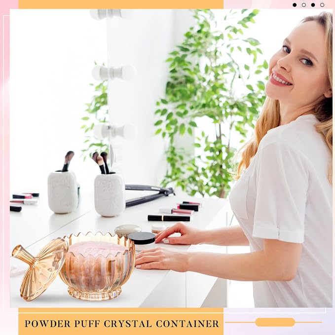 Tioncy 2 Pcs Extra Large Dusting Powder Puff and Container for Women-6'' Glass Crystal Dusting Powder Container with Body Soft Washable Reusable Velour Face(Amber,Scalloped)