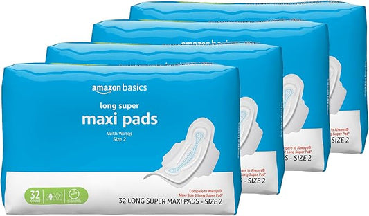 Amazon Basics Thick Feminine Maxi Pads with Flexi-Wings for Periods - Long Length, Super Absorbency, Unscented, Size 2, 128 Count (4 Packs of 32)