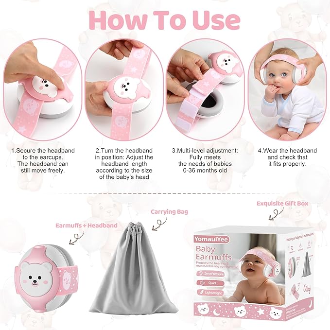 Baby Headphones Noise Cancelling,Bear Baby Earmuffs for Infant Hearing Protection Ages 0-36 Month,25dB NRR Infant Ear Protection,Ideal Travel Essentials for Airplane/Sleep/Plane/Noisy Event-Pink