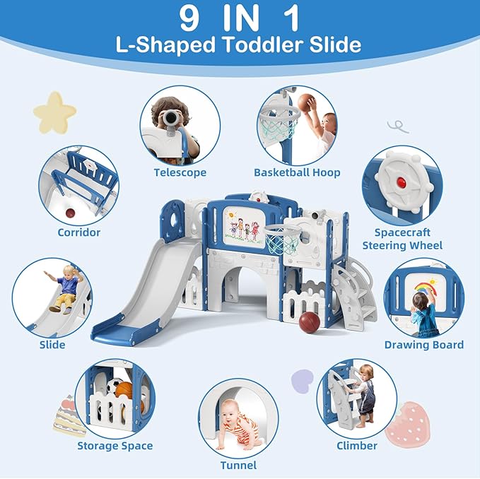 Glaf 9 in 1 Toddler Slide Outdoor Playset Playground Baby Kids Indoor Slides for Toddlers 1-3 with Climber Basketball Hoop Drawing Board and Storage Space (Blue)