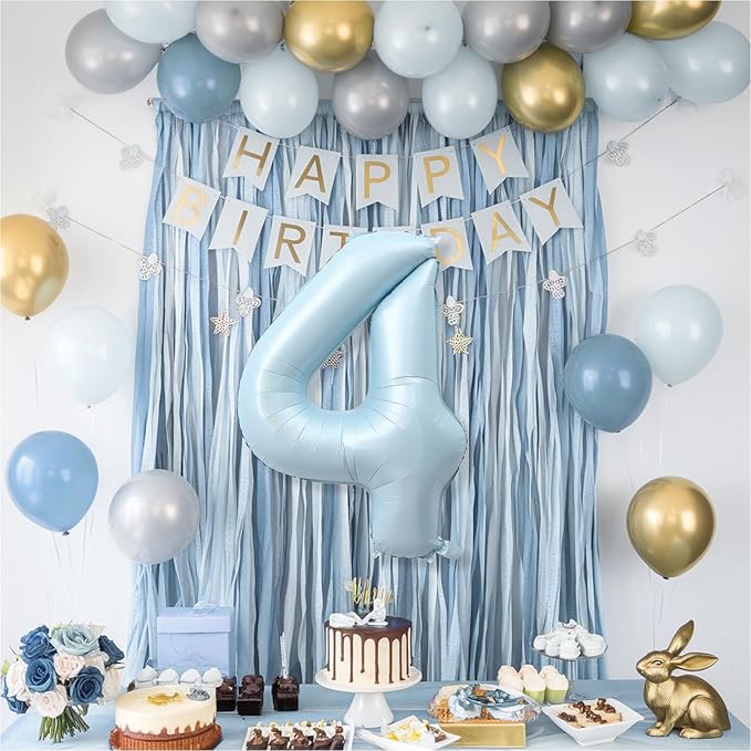 Foil 4 Balloon, Light Blue Big Number 4 Balloons for Boys Birthday Party Decor, 40 Inch Mylar Helium Self Inflating Number Four Sky Baby Blue Balloon for Kids 4th Birthday Party Anniversary Decoration