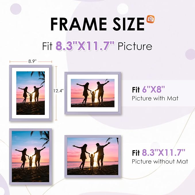 FIXSMITH A4 Picture Frame Set of 2, Purple Photo Frame with HD Plexiglass, Display Pictures 6x8 with Mat or 8.3x11.7 Without Mat Multi Picture Frames Collage for Tabletop or Wall Display