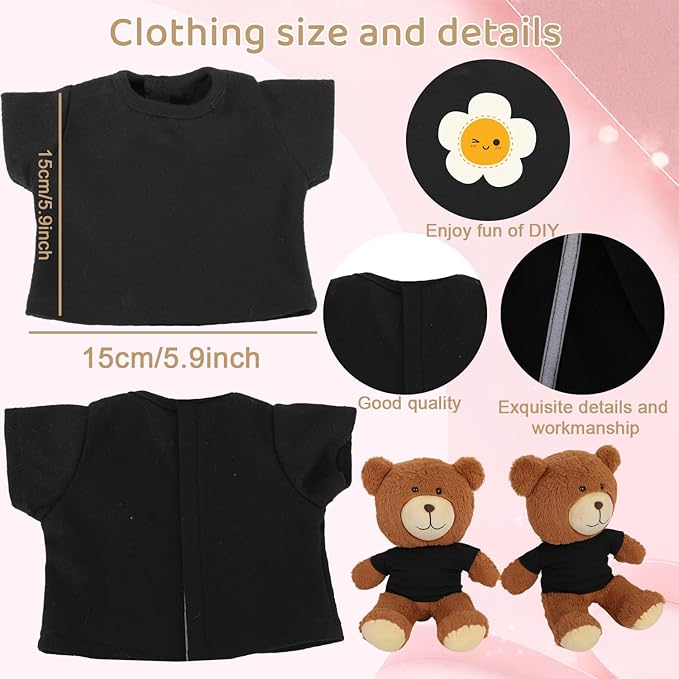8 - Pack Black Blank T - Shirts for 17 - 18 Inch Bears | Thick DIY Stuffed Animal Canvas Clothes (Black)