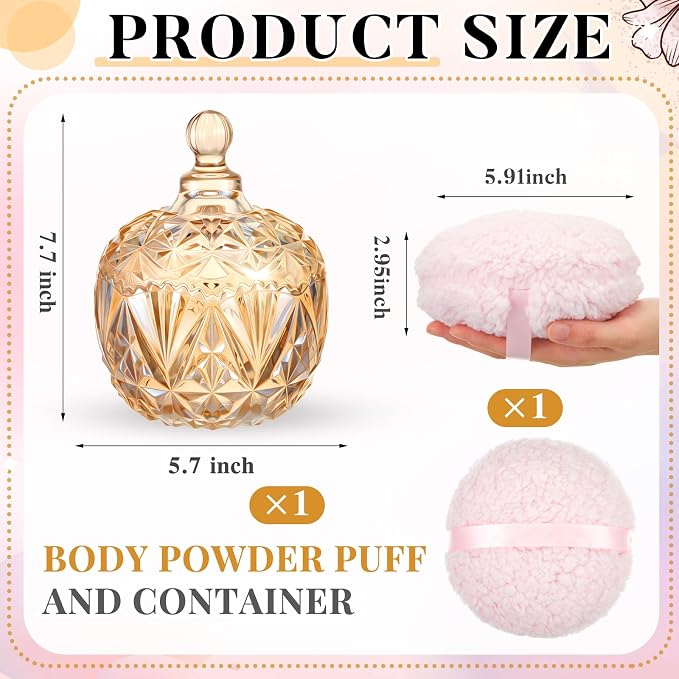 Tioncy 2 Pcs Extra Large Dusting Powder Puff and Container for Women-6'' Glass Crystal Dusting Powder Container with Body Soft Washable Reusable Velour Face(Amber,Crown)