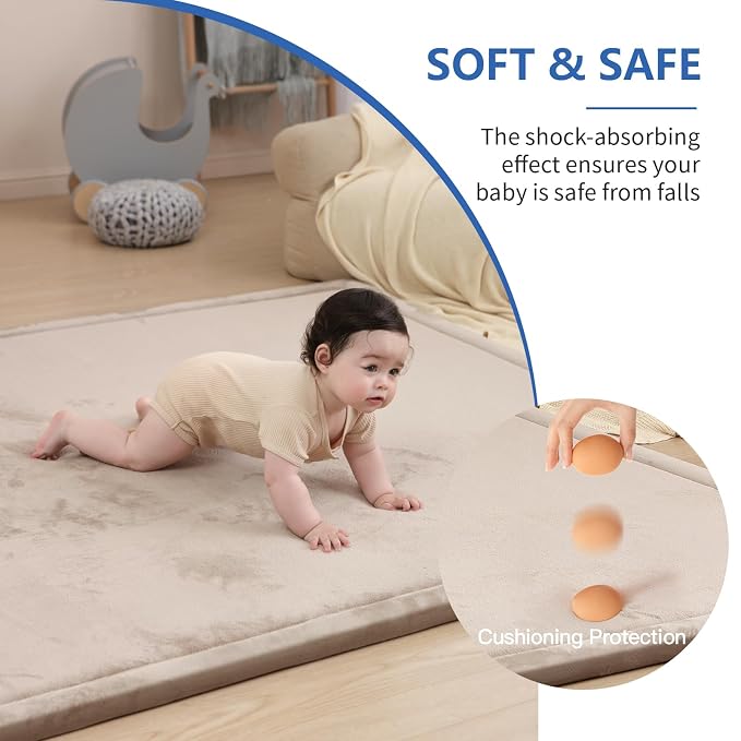 Ultra Soft Baby Play Mat for Floor, 1.3" Thick Elasti-Foam 65x50 Play Mat for Playpen,Water-Repellent Coral Velvet for Tummy Time, Non-Slip Backing,Safe for Toddlers & Infants（Beige）