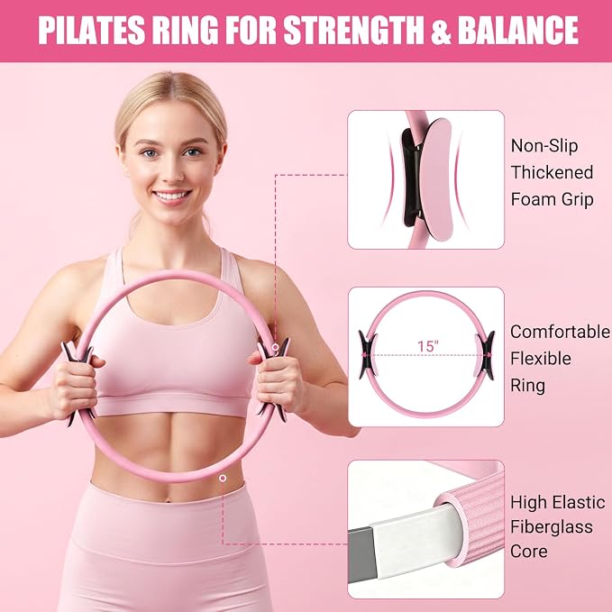 Qinkada Pilates Kit, Pilates Equipment Home Workout Essentials Set with 15" Pilates Ring and Yoga Ball, Resistance Bands, Figure 8 Resistance Band, Arm Exerciser, Yoga Strap, Socks, Bag Accessories